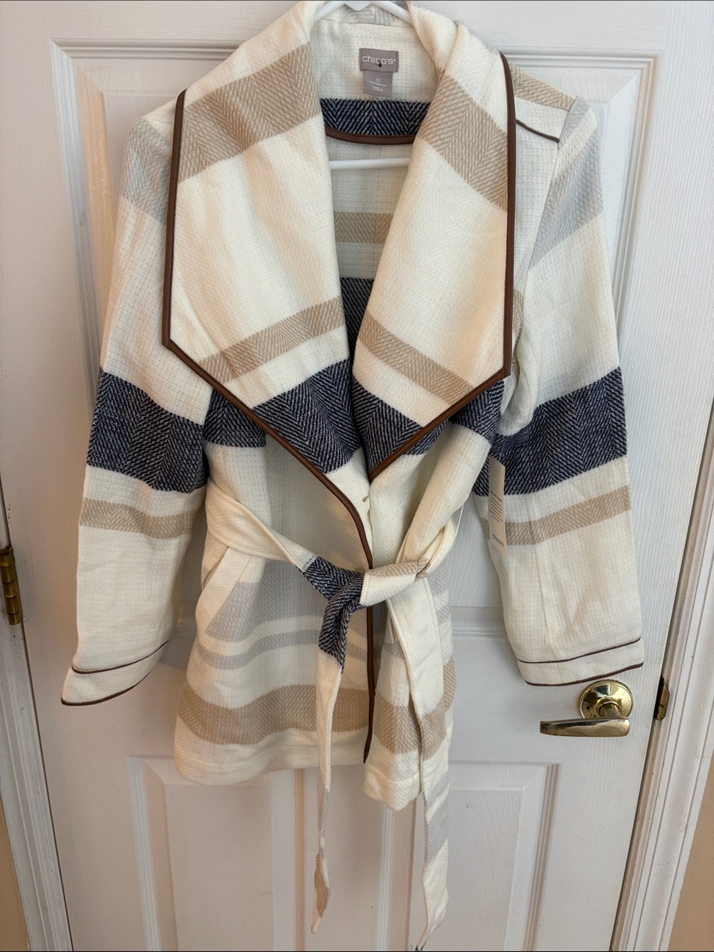 Chico's Cream, Tan, gray & Navy Striped Jacket with Belt size Chico’s 0 (small)